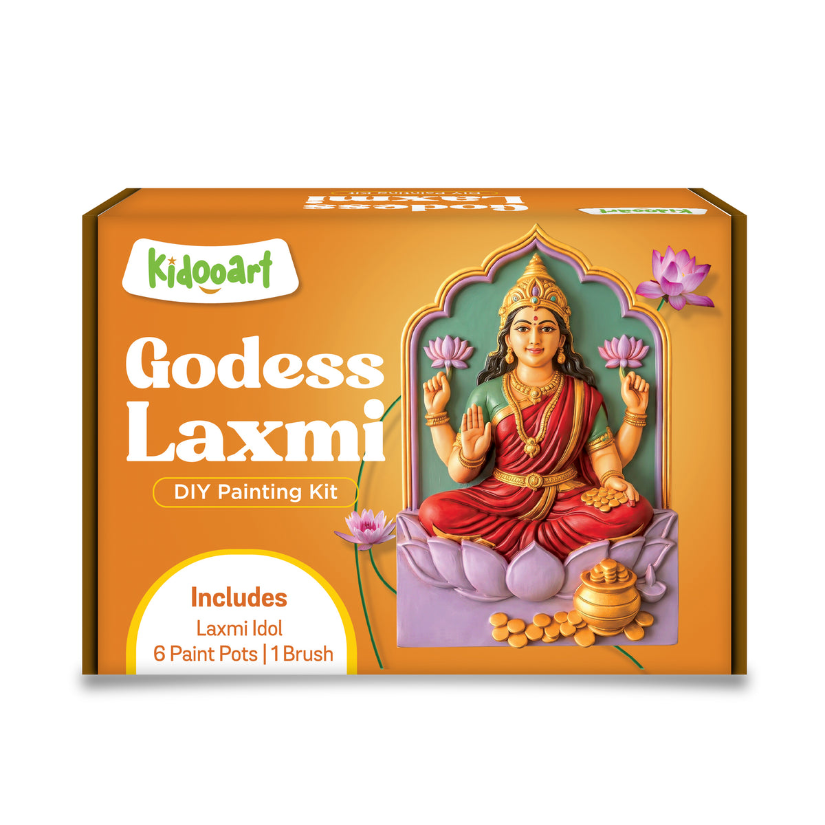 Kidooart Goddess Laxmi DIY Painting Kit | Laxmi Murti Colouring Set with 6 Paint Pots & Brush | Diwali Craft Kit for Kids & Adults | Laxmi Puja Decor | Diwali Gift