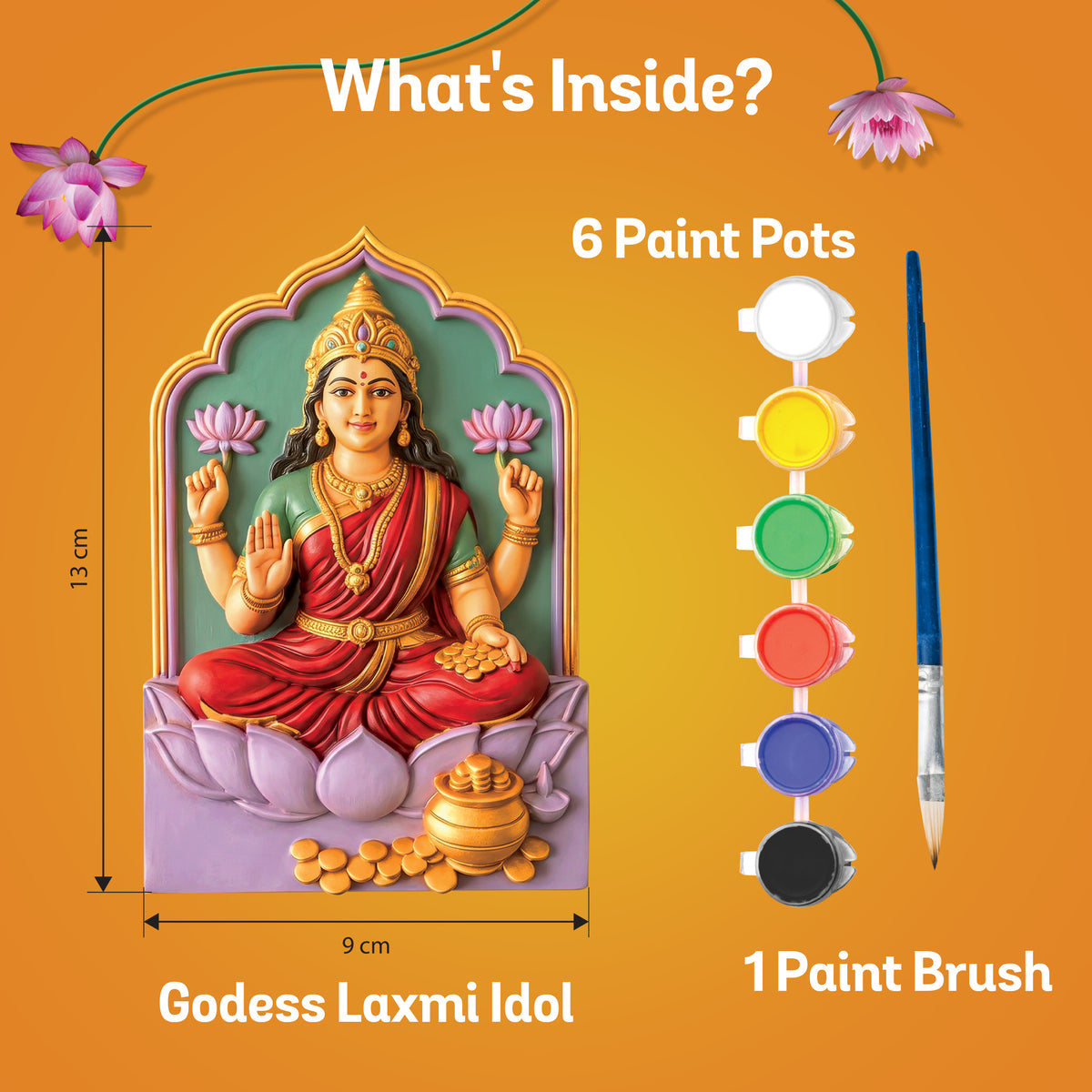 Kidooart Goddess Laxmi DIY Painting Kit | Laxmi Murti Colouring Set with 6 Paint Pots & Brush | Diwali Craft Kit for Kids & Adults | Laxmi Puja Decor | Diwali Gift