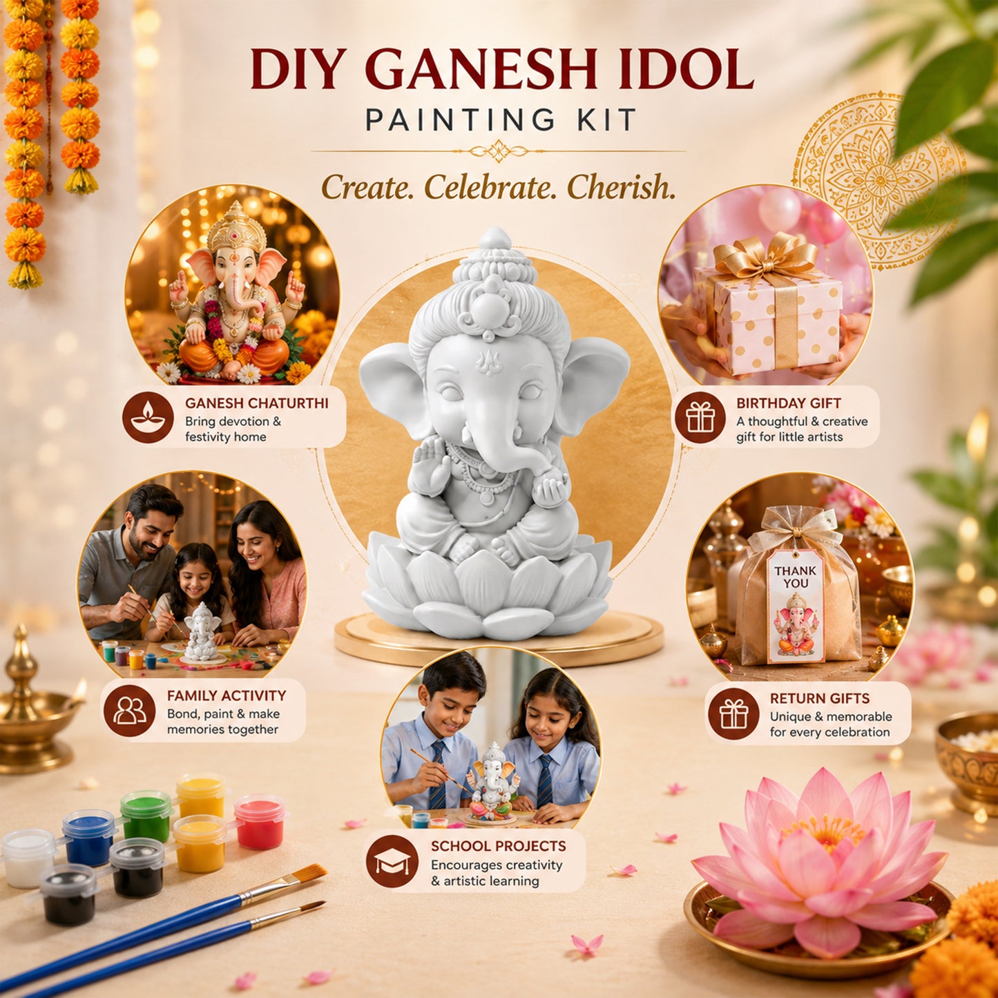 Kidooart My Friend Ganesha DIY Idol Painting Kit – Bal Ganesh Murti with 6 Paint Pots & Brush | Ganesh Chaturthi Art & Craft Activity Set for Kids | Eco-Friendly Gift