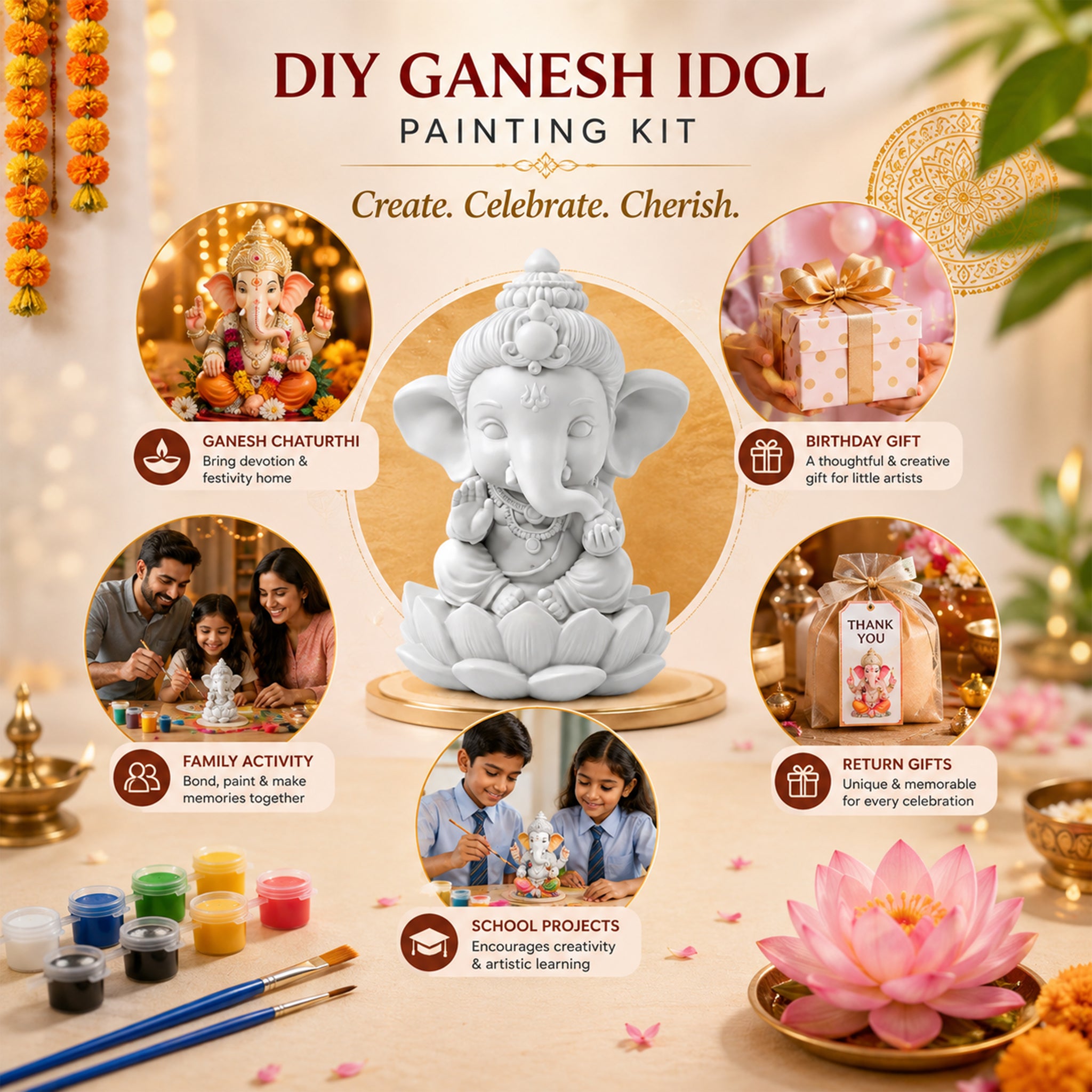 Kidooart My Friend Ganesha DIY Idol Painting Kit – Bal Ganesh Murti with 6 Paint Pots & Brush | Ganesh Chaturthi Art & Craft Activity Set for Kids | Eco-Friendly Gift