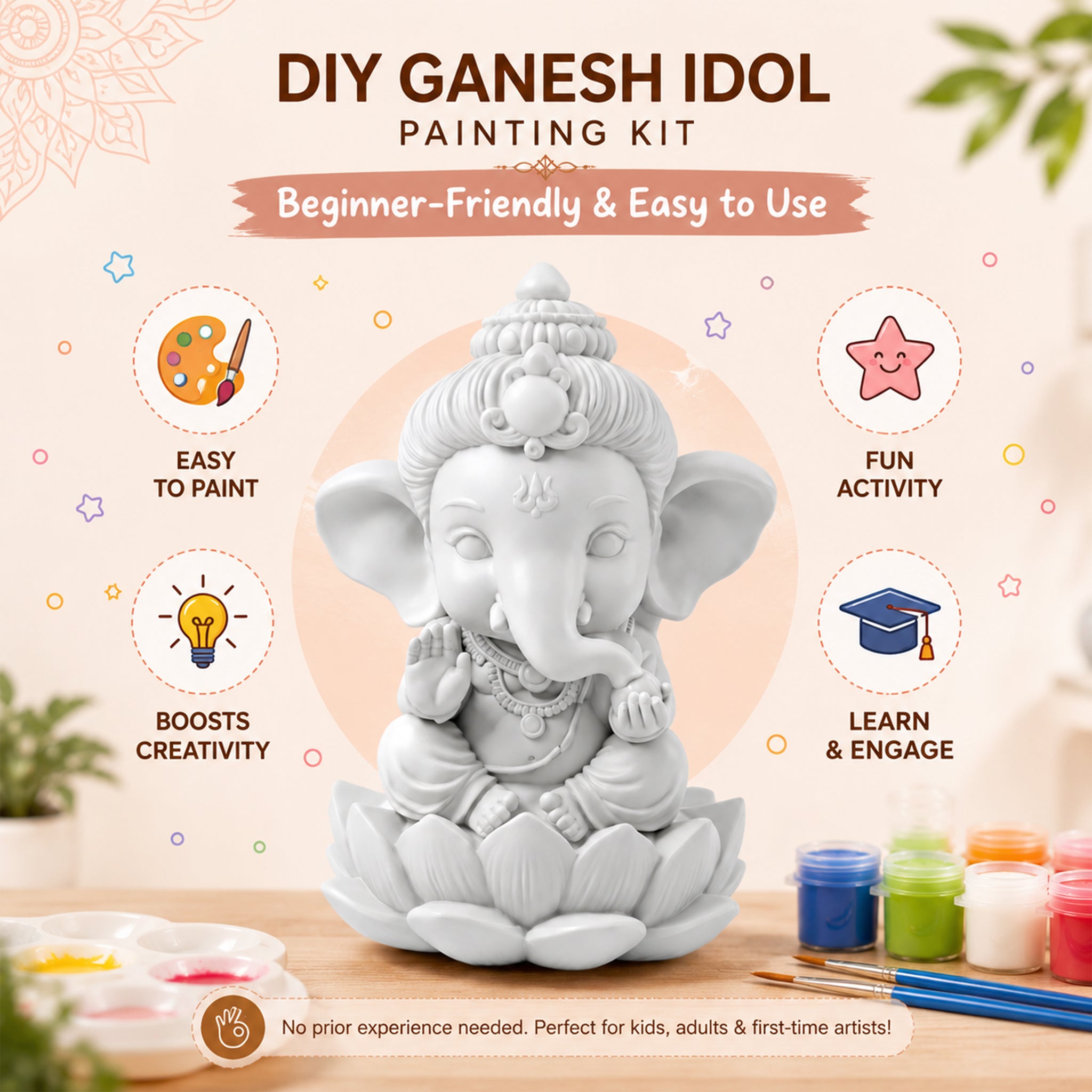 Kidooart My Friend Ganesha DIY Idol Painting Kit – Bal Ganesh Murti with 6 Paint Pots & Brush | Ganesh Chaturthi Art & Craft Activity Set for Kids | Eco-Friendly Gift