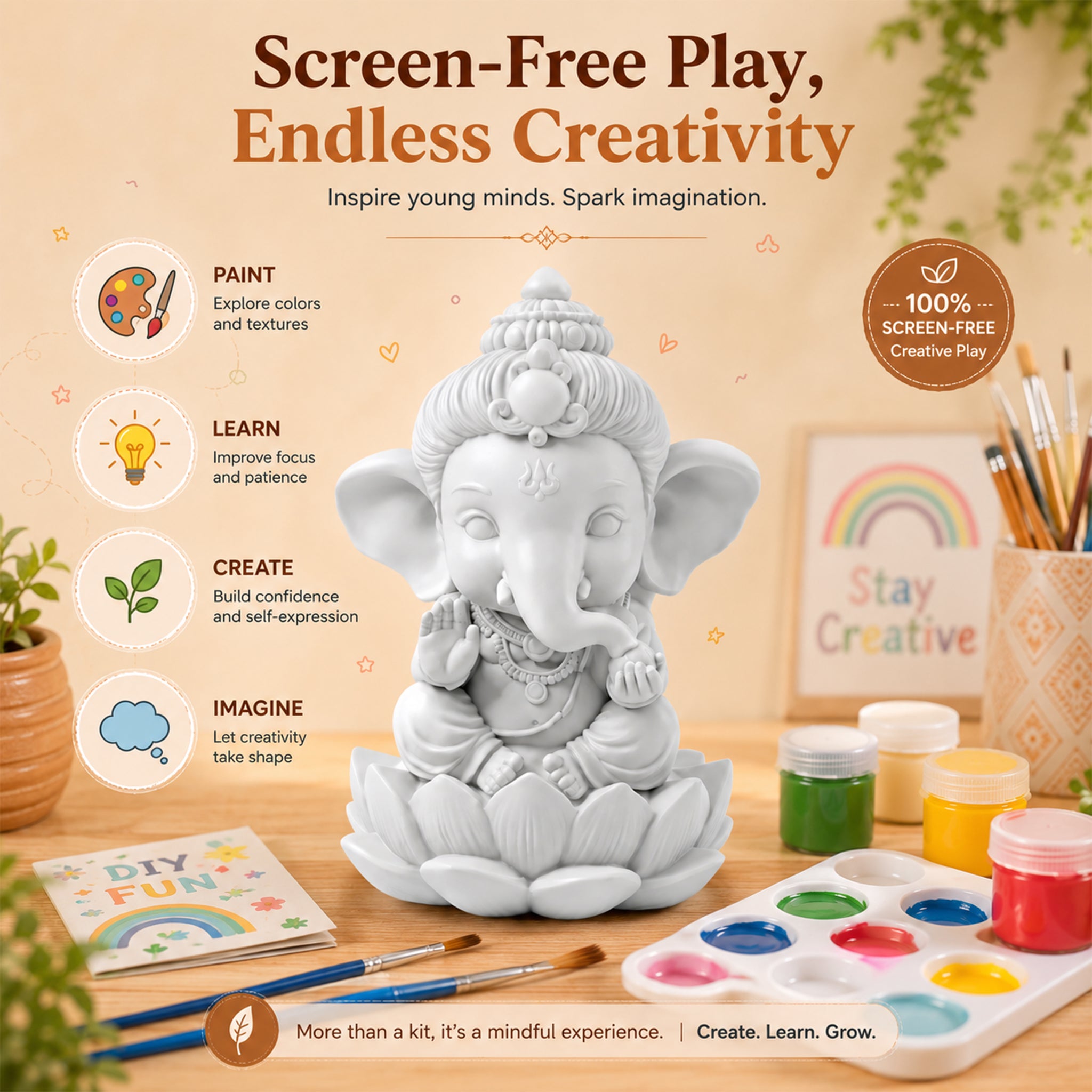 Kidooart My Friend Ganesha DIY Idol Painting Kit – Bal Ganesh Murti with 6 Paint Pots & Brush | Ganesh Chaturthi Art & Craft Activity Set for Kids | Eco-Friendly Gift