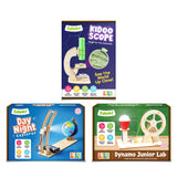 Kidooart STEM Kids Bundle – KidooScope Microscope + Day & Night Explorer + Dynamo Junior Lab | DIY Wooden Science Kits for Kids Ages 6+