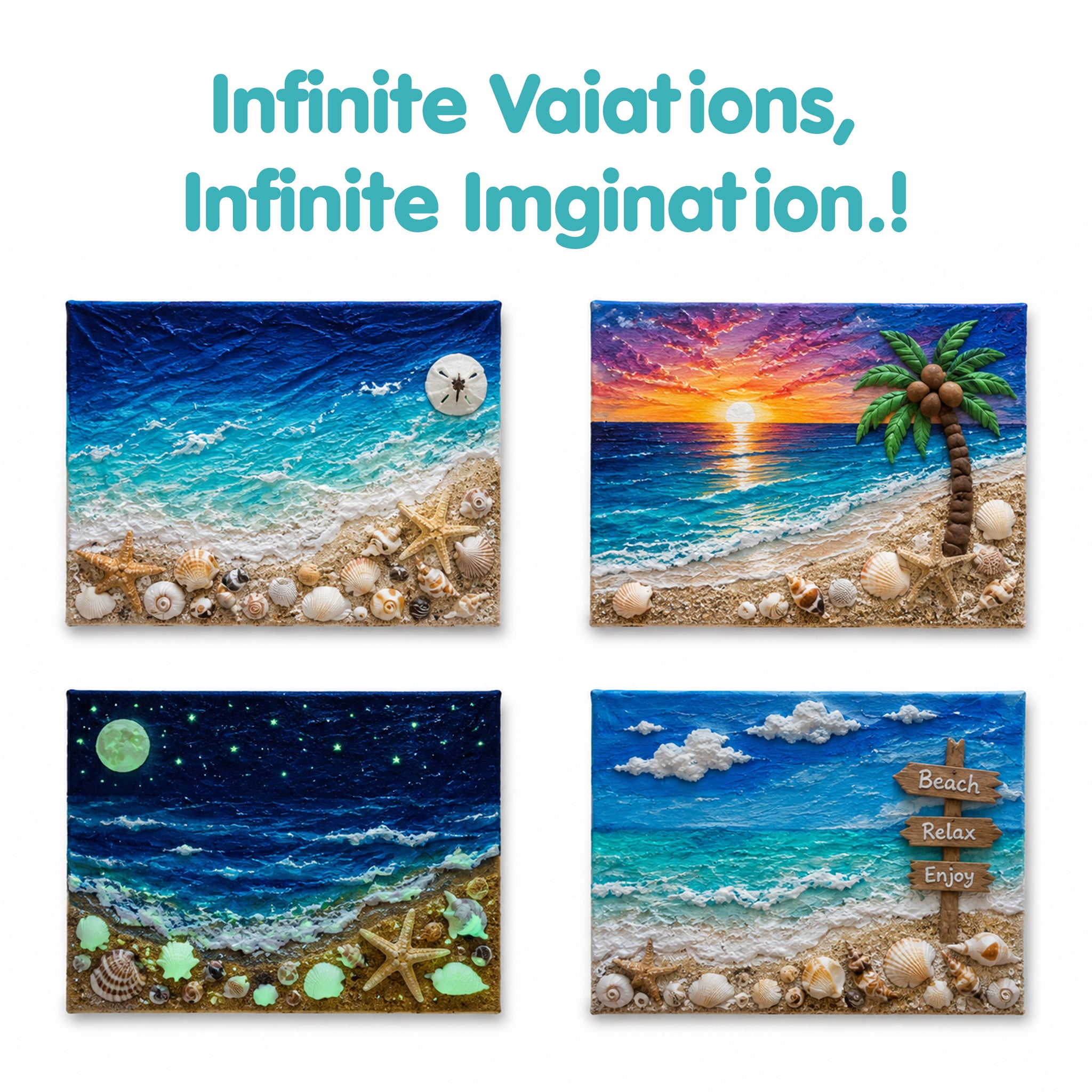 idooart Sand and Shell Studio - DIY Coastal Canvas Art and Craft Kit for Kids, Glow in the Dark Sand Art Set with Real Sea Shells, Clay and Paints, Screen-Free Family Activity, Gift for Ages 6+