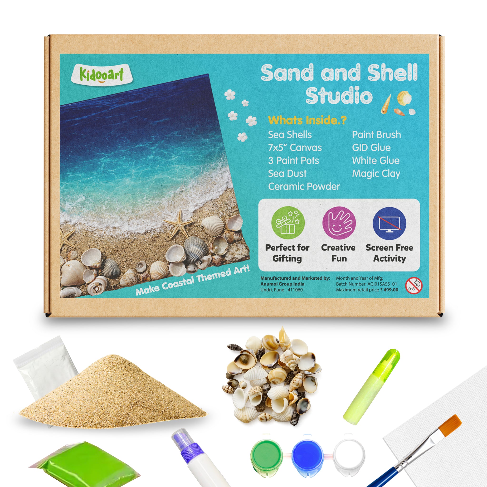 Kidoart Sand and Shell Studio craft kit shown with its printed box on a white background, plus included materials arranged below: sand, shells, paintbrush, glue, paint pots, and colorful pigment blocks. The box features a beach scene and lists contents such as paint brush, 7x7 canvas, paint glue, paint brush, white glue, magic clay, and ceramic powder.